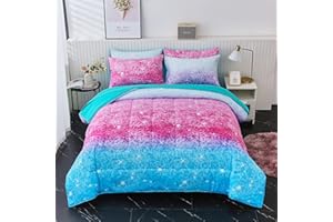 inron Galaxy Glitter Kids Comforter Sets for Teen Girls, Twin Size 4 Pieces Bed in a Bag, Ultra Soft Microfiber Comforter and Sheet Sets, All Season Durable Bedding Set(Colorful,Twin)