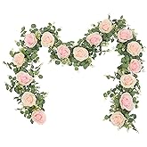 Dolicer 2Pcs 13Ft Artificial Eucalyptus Garlands with Flowers - 8 Roses, Faux Floral Greenery Garlands Fake Flowers Vines for Wedding Table Centerpieces Arch Party Ceremony Backdrop Decor (Pink)