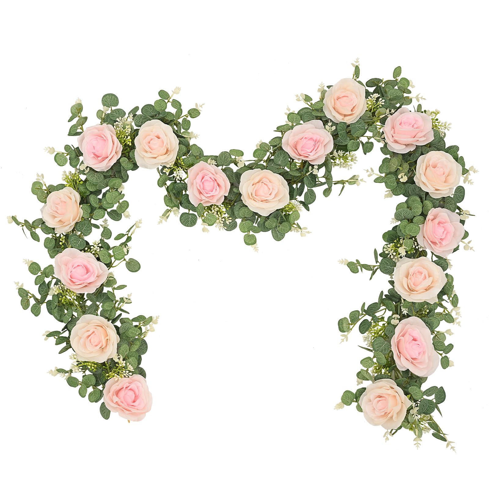 Photo 1 of Dolicer 2Pcs 13Ft Artificial Eucalyptus Garlands with Flowers - 8 Roses, Faux Floral Greenery Garlands Fake Flowers Vines for Wedding Table Centerpieces Arch Party Ceremony Backdrop Decor (Pink)