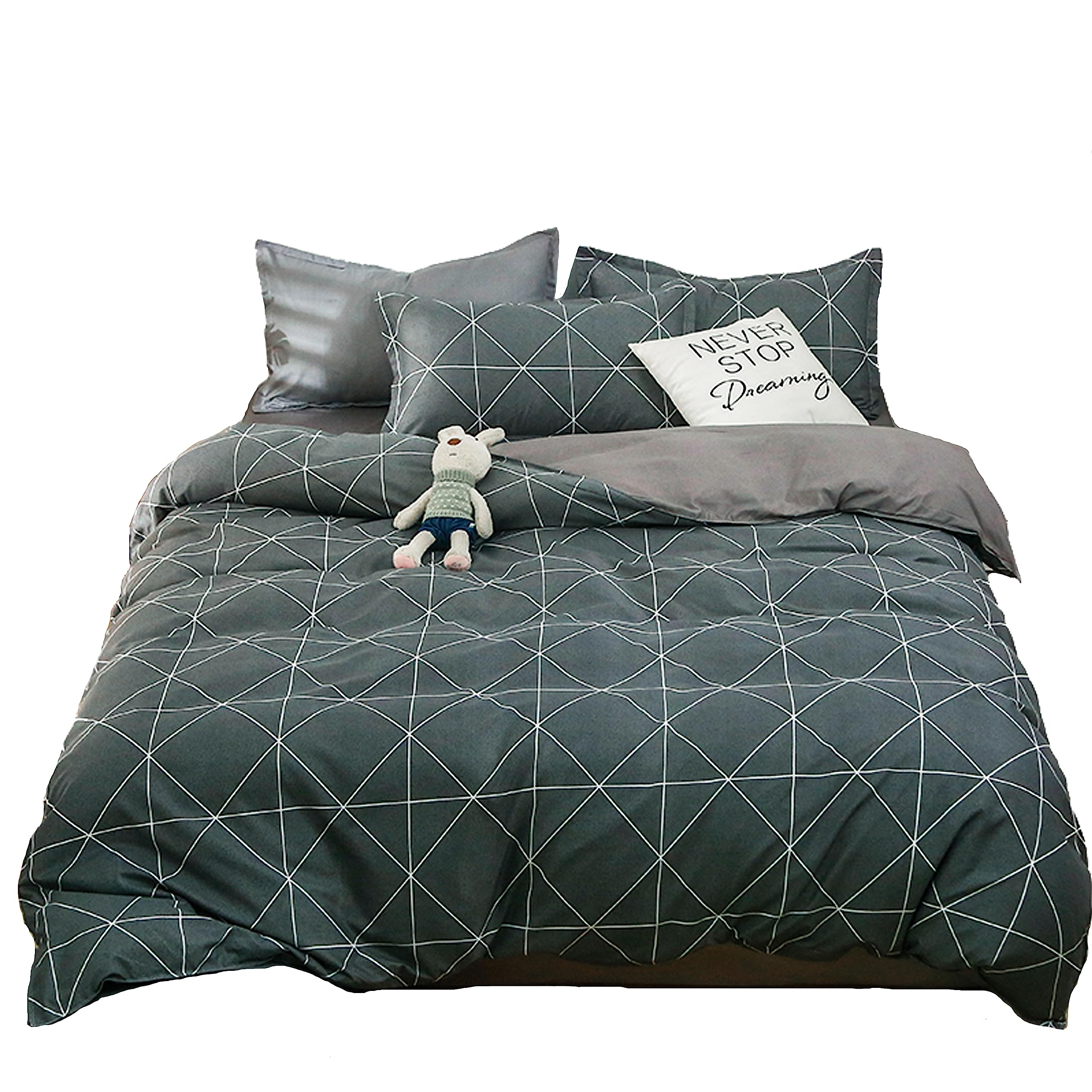 ED-Lumos Microfibre Bed Linen Set Dark Grey Stripes Bed Linen with Zip 1 x Duvet Cover 220 x 240 cm + 1 x Flat Sheet 230 x 250 cm + 2 x Pillowcases 48 x 74 cm
