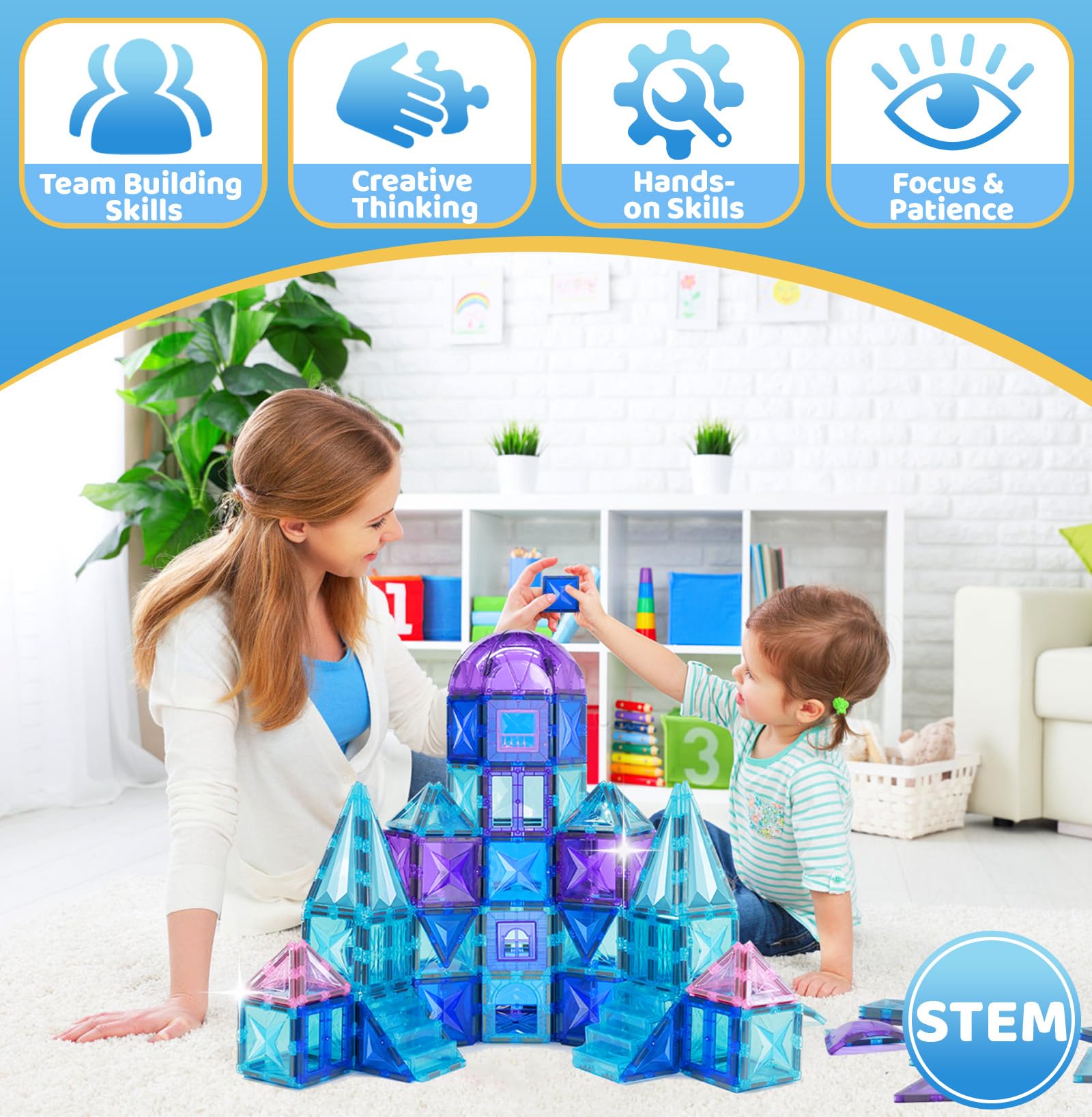 130PCS Magnetic Tiles, 3D Diamond Magnetic Blocks, Magnet Tiles for Kids Age 3-5 4-8 8-12, STEM Sensory Educational Magnet Toys for Kids Girls Boys Birthday Xmas Gifts