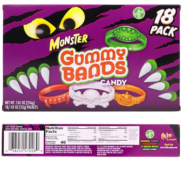 HALLOWEEN GUMMY CANDY BANDS TRICK OR TREAT PASS OUT TREATS, 18 PACK, INDIVIDUALLY WRAPPED, ASSORTED FLAVORS