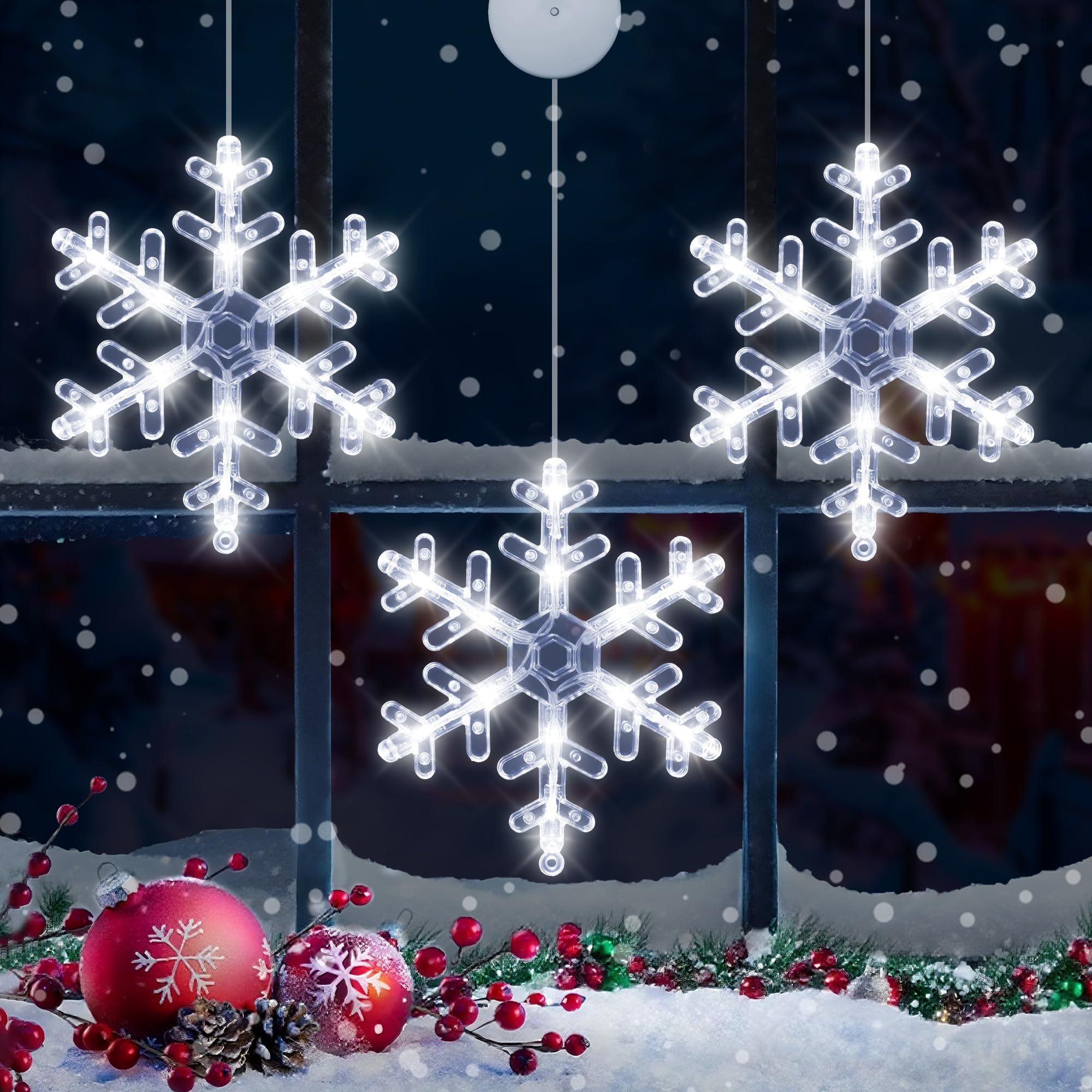 Photo 1 of [Timer] Christmas Window Decorations, 3 Pack Snowflake Christmas Window Lights with Suction Cup, Hanging LED Battery Operated Xmas Lights Indoor Outdoor Xmas Tree Fireplace Home Party Decor - While