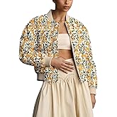 Shiyifa Women's Embroidered Daisy Cropped Bomber Jacket Long Sleeve Quilted Puffer Jackets Padded Coat Outerwear