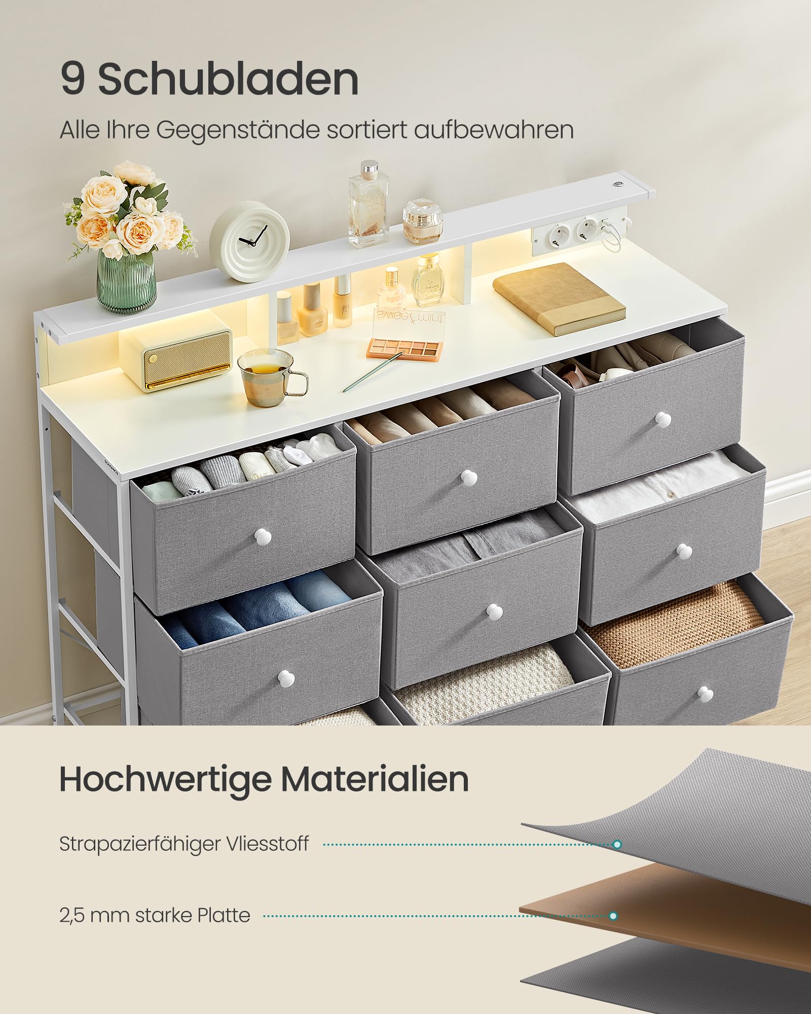 SONGMICS Kommode, Aufbewahrungsschrank mit 9 Schubladen und LED-Beleuchtung, Steckdosenleiste, Stahlrahmen, 33,5 x 114 x 84 cm, für Schlafzimmer, Wohnzimmer, Taubengrau LTS519G01 4