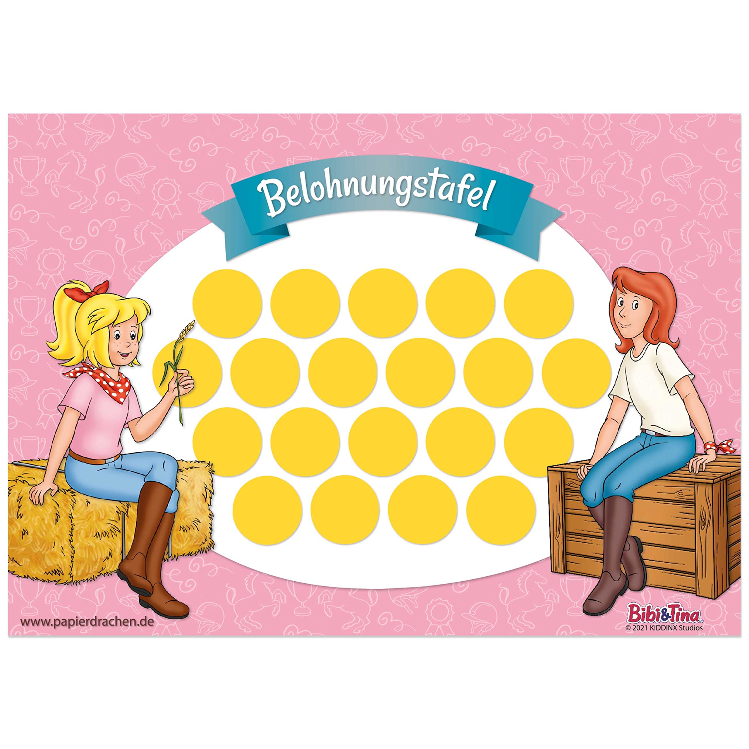 Papierdrachen Reward board set for children as tear-off pad, 10 sheets, motivational concept as training aid, with great stickers for boys and girls, motif Bibi and Tina set 4