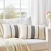 Fancy Homi Set of 2 Neutral Grey Farmhouse Lumbar Decorative Throw Pillow Covers 12x20 Inch for Couch Bed Chair, Vintage Country Rustic Retro Room Decor, Soft Thick Cotton Rectangle Cushion Case