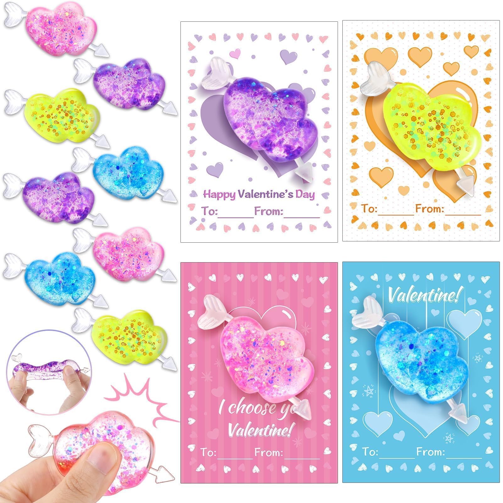 Photo 1 of 24 Pack Valentines Squishes Heart Stress Balls with Cards Bulk, Cute Valentines Day Classroom Gifts for Kids Class Exchange Rewards Prizes Party Favor Supplies, School Stress Relief Squeeze Toys