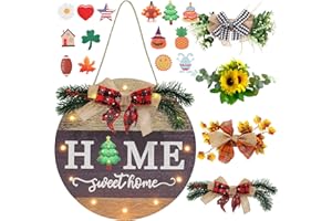 HOMCDALY Interchangeable Seasonal Welcome Sign Front Door Decoration with 4 Seasonal Wreaths and LED Light, Rustic Round Wood Wreaths Wall Hanging Outdoor, Farmhouse Front Door Decoration Home Décor