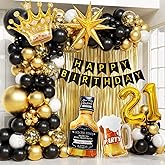108pcs 21st Birthday Decorations for Him with Number 21 Foil Balloon Fringe Curtains White Black and Gold 21st birthday Balloons