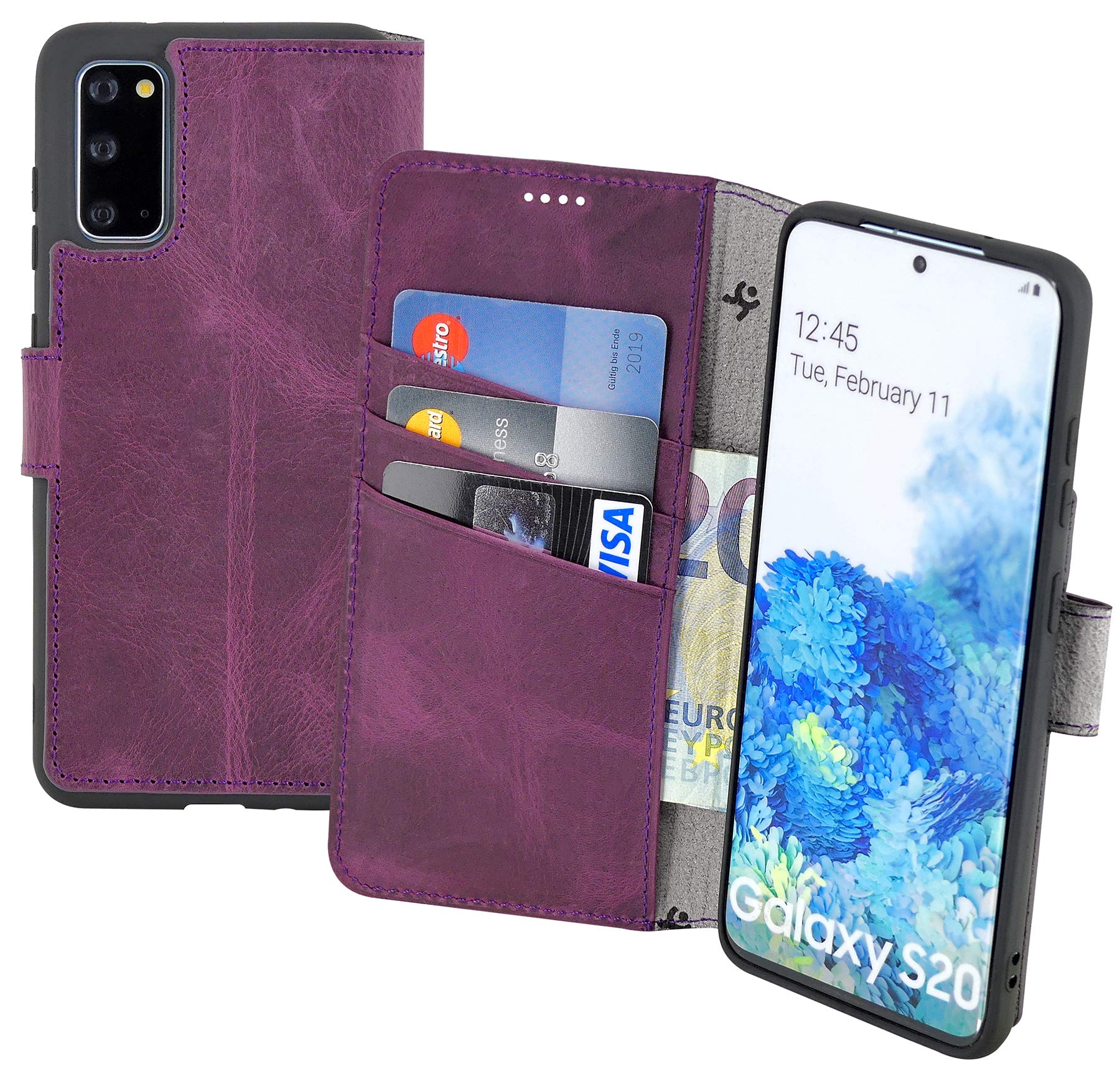 Suncase Book-Style Case Compatible with Samsung Galaxy S20 Leather Case (Slim Fit) Leather Mobile Phone Case Protective Case with 3 Card Slots in Antique Purple