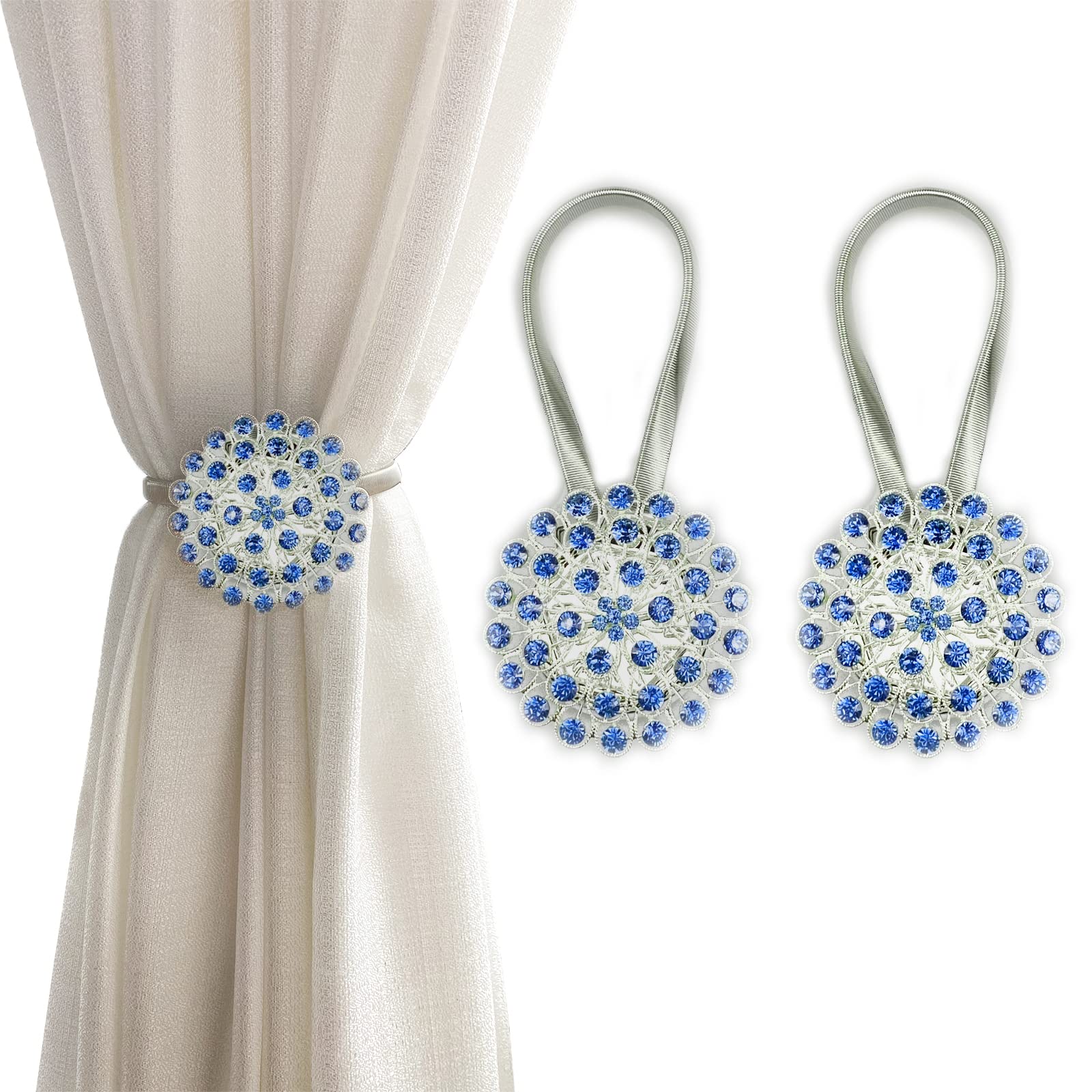 Magnetic Tiebacks for Curtains, 2 Pack Sparkling Crystal Flower Curtain Tiebacks Curtain Buckle Clips with High-Elastic Spring Wire for Home Office Decoration (Royal Blue)