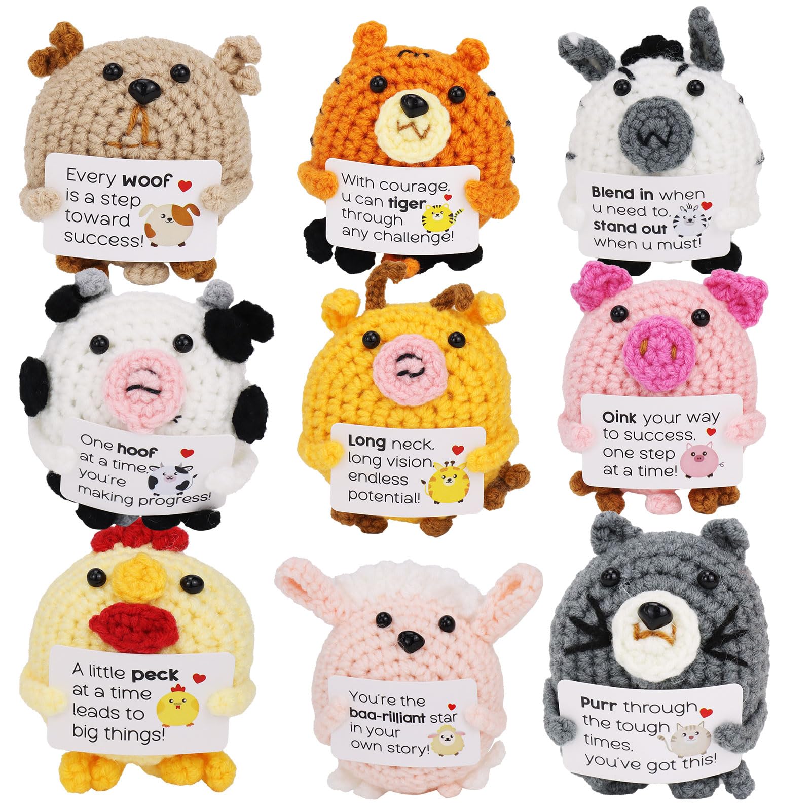 9Pcs Emotional Support Crochet Gifts, Mini Positive Crochet Animals Handmade Cute Funny Knitting Dolls with Encouraging Card Employee Appreciation Gifts for Office Room Decoration (Farm Animals)