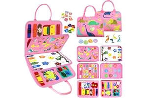 VARANO Montessori Busy Board Book Toy for 1 2 3 Year Old, Educational Sensory Toys for Toddlers 1-3, Car & Airplane Activities for Travel and Learning – Gifts for Boys and Girls (Pink/Dino)