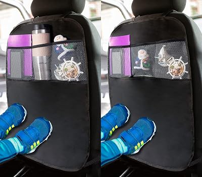 ADEPTNA Car Organizer Kick Mat 2 Pack 3 Mesh Pockets Seat Protector 65x44