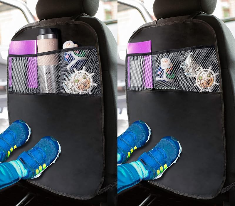 ADEPTNA Car Organizer Kick Mat 2 Pack 3 Mesh Pockets Seat Protector 65x44