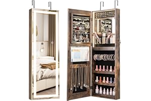 CHARMAID LED Mirror Jewelry Cabinet, Lockable Jewelry Armoire with Adjustable Lighted Full Length Mirror, 3 Lighting Sets, Wa