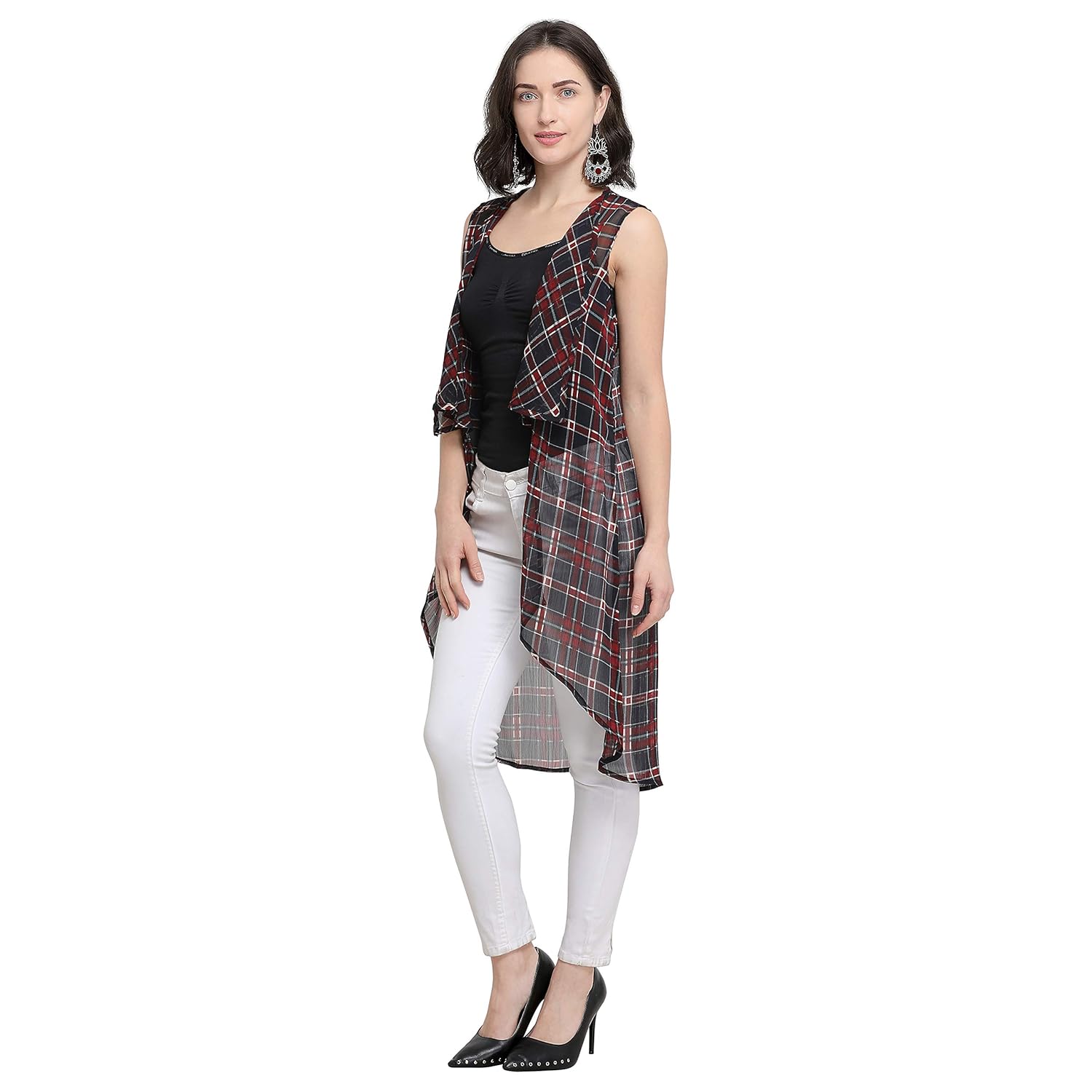 serein women's black geometric print georgette sleeveless shrug/long jacket