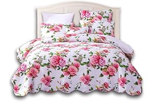 DADA BEDDING COLLECTION DaDa Bedding Romantic Roses Floral Bedspread Set - Lovely Spring Pink & White Scalloped Colorful Lightweight Breathable - Bright Vibrant Quilted Coverlet w/Pillow Shams - King - 3-Pieces