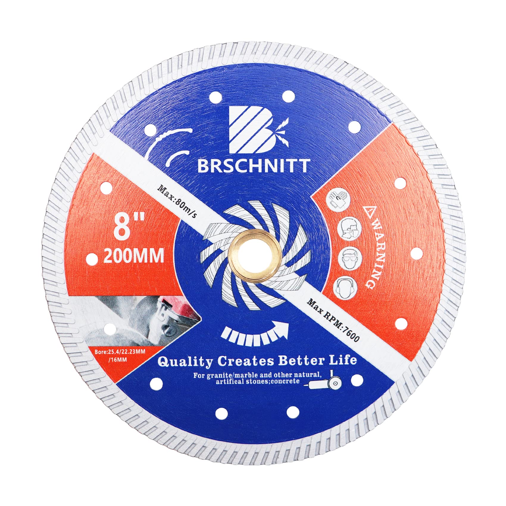 BRSCHNITT Diamond Disc for Concrete Masonry,200mm with Arbor 25.4mm-22.23mm-16mm Dry/Wet Continuous Rim Diamond Cutting Disc for Granite Marble Stone Hard Concrete Reinforced Concrete