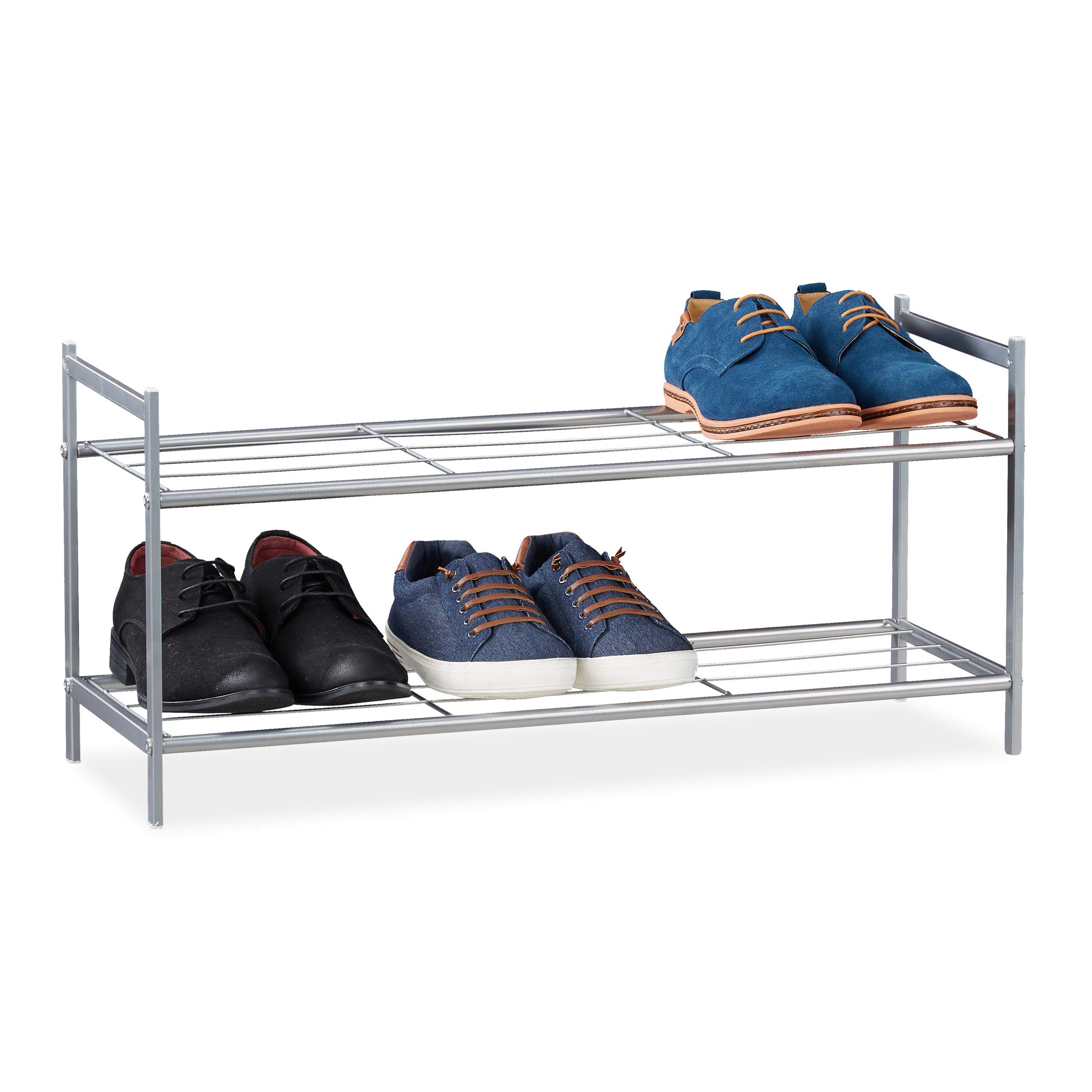 Relaxdays Shoe Rack SANDRA 2 Shelves, Metal Storage Unit, 33.5 x 69.5 x 26 cm, 6 Pairs of Shoes, Silver