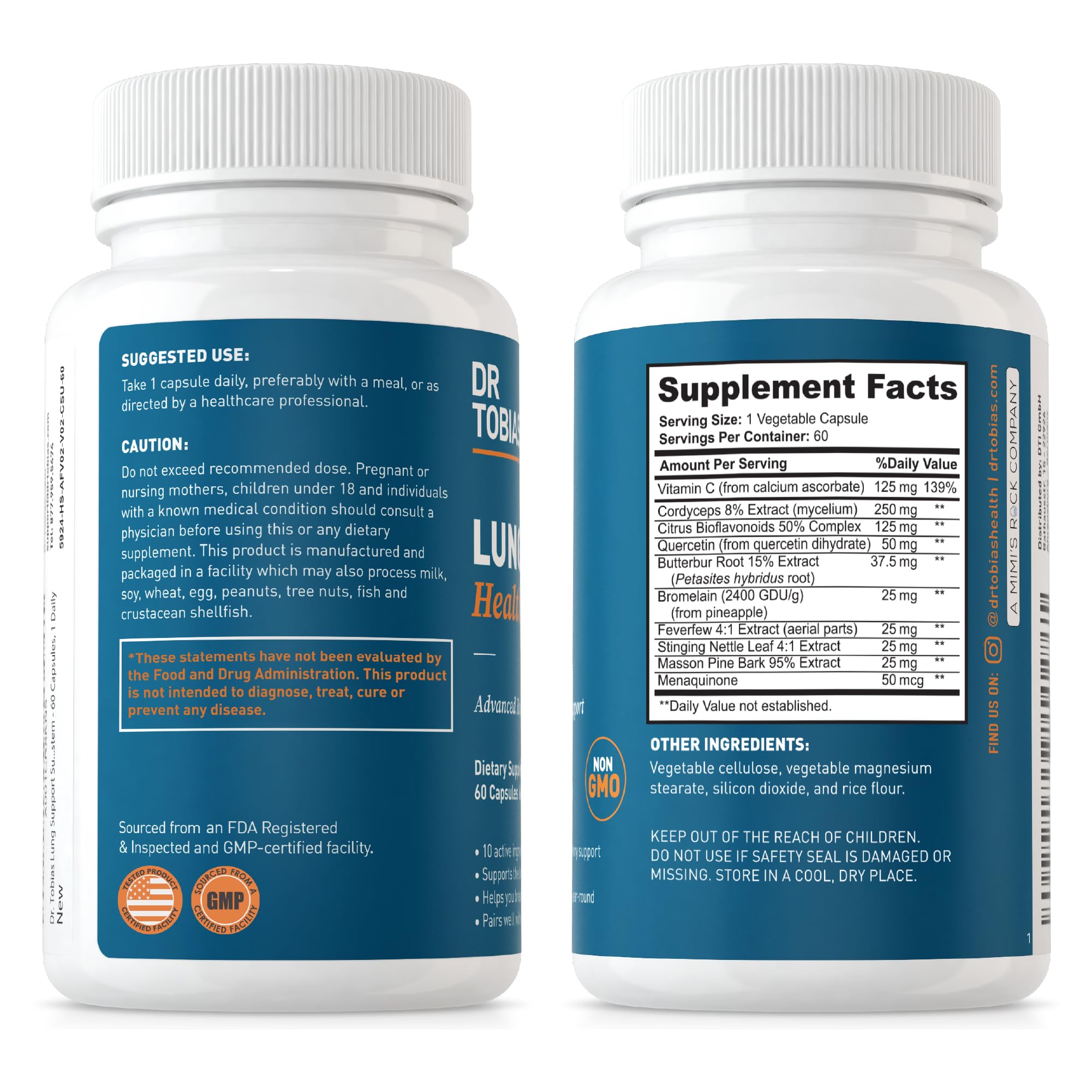 Dr. Tobias Lung Health Supplement with Vitamin C, Butterbur, Quercetin & Bromelain, Advanced Lung Cleanse Detox Formula for Bronchial & Respiratory System, Non-GMO, 60 Capsules, 60 Servings