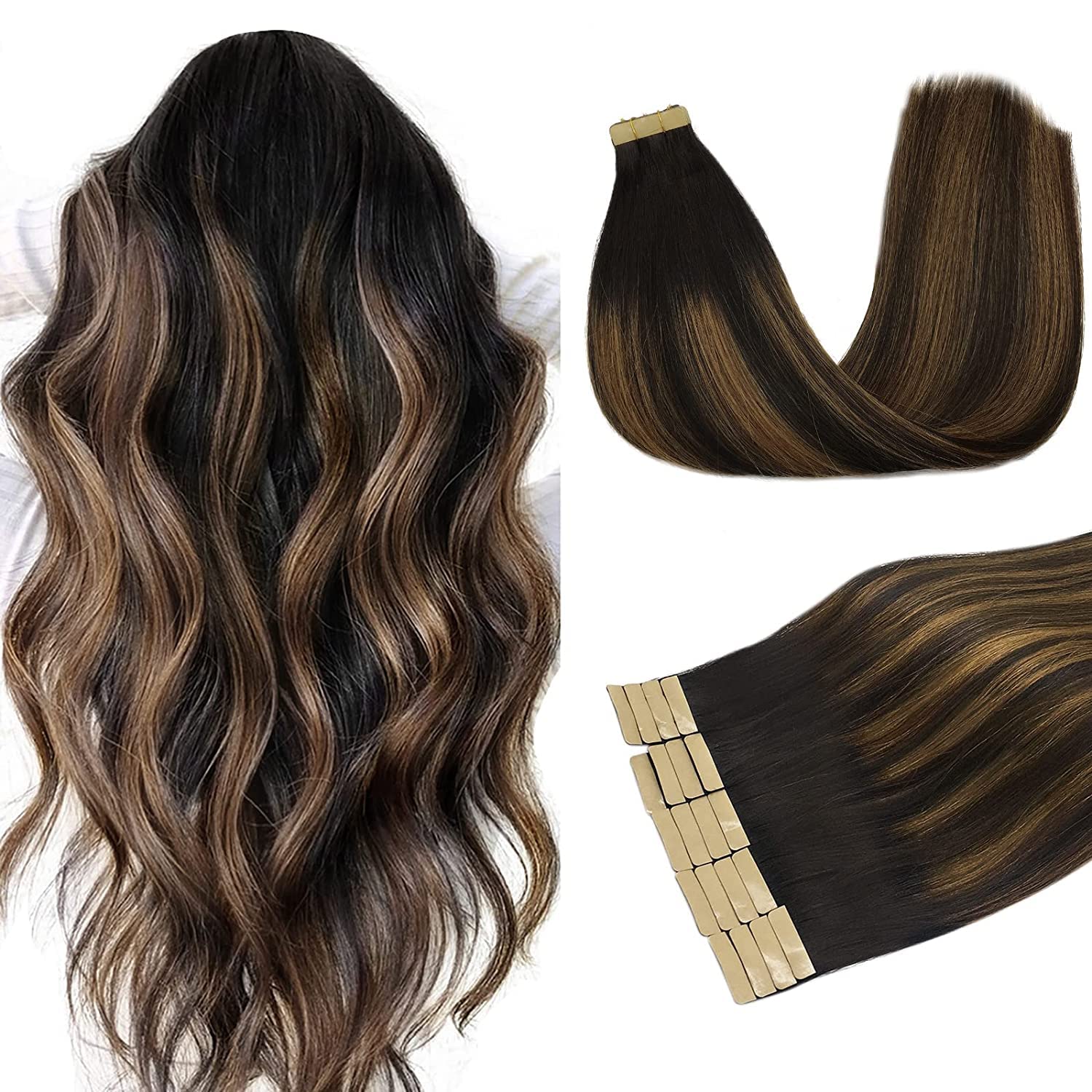 DOORES 50g 24 Inch Tape in Human Hair Extensions Balayage Natural Black to Chestnut Brown Remy Tape in Skin Weft Natural — image 1