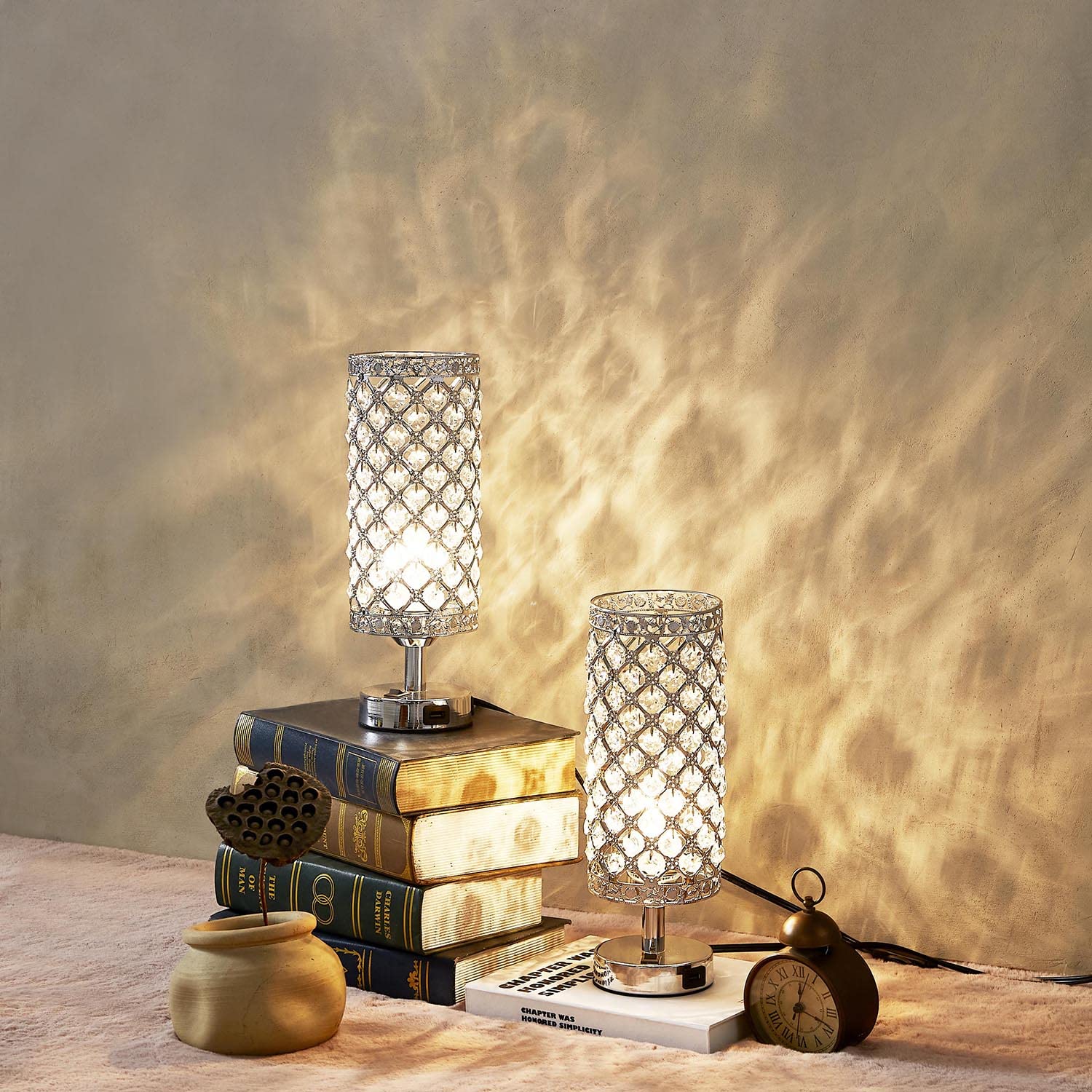 Pack of 2 Surpars House Crystal Table Lamp with Double USB Charging Port, On/Off Switch on Base,Bedside Lamp Nightstand Lamp for Bedroom, Living Room