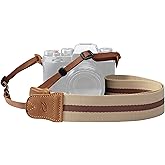 Padwa Lifestyle Stripe Camera Strap - 1.5" Wide Crazy Horse Cowhide Ends Camera Straps for All DSLR Cameras,Universal Adjustable Pure Cotton Woven Strap,Great Gift for Photographers(Beige&Brown)
