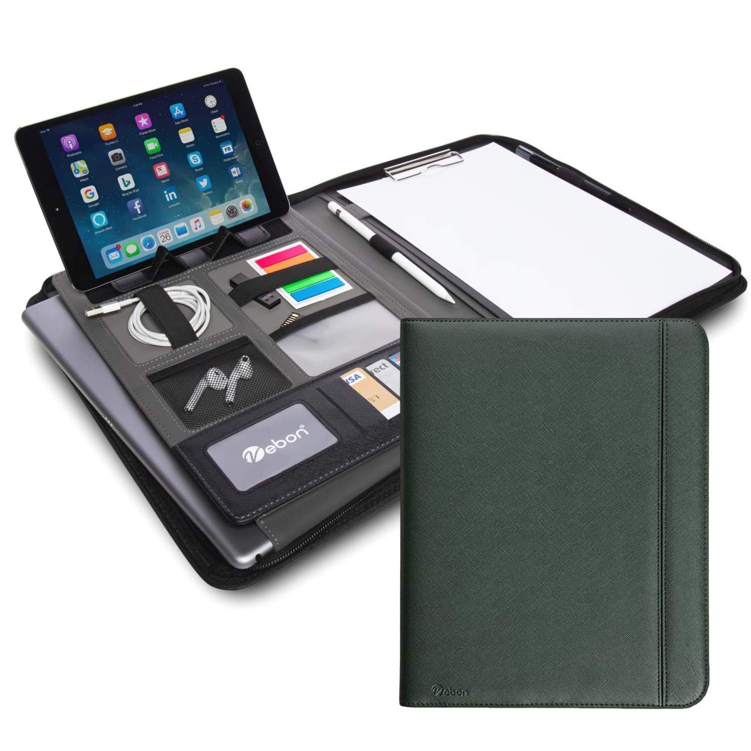 Vebon® Conference Folder A4 "London" Vegan Leather with Zip I Writing Case + Laptop Bag I 2-in-1 I Smartphone Holder + Clipboard, pine green, Professional
