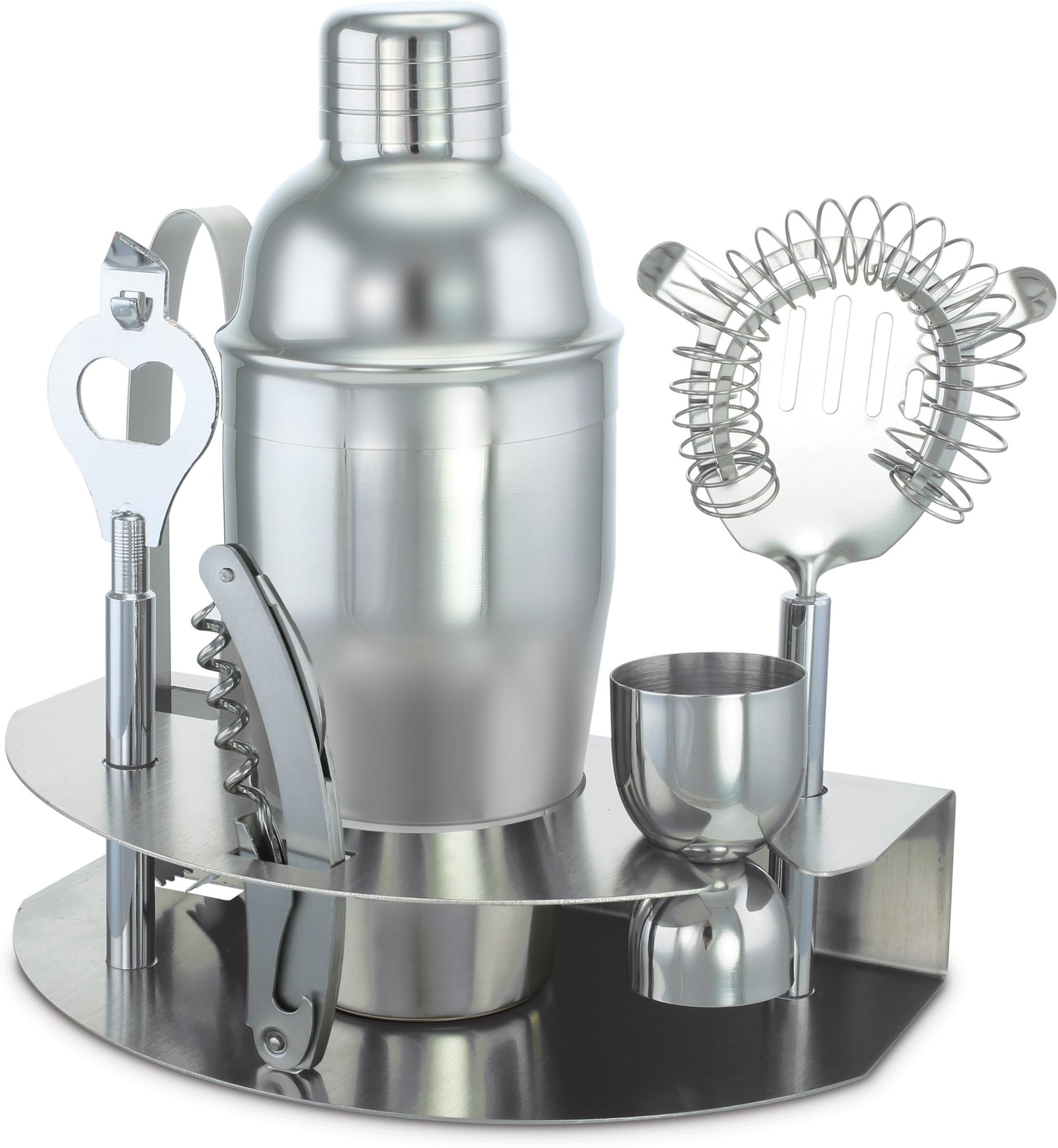 KOVOT 7 Piece Stainless Steel Bar Set – Includes: Shaker, Strainer, Corkscrew, Bottle Opener, Jigger, Ice Tongs, and Storage Rack