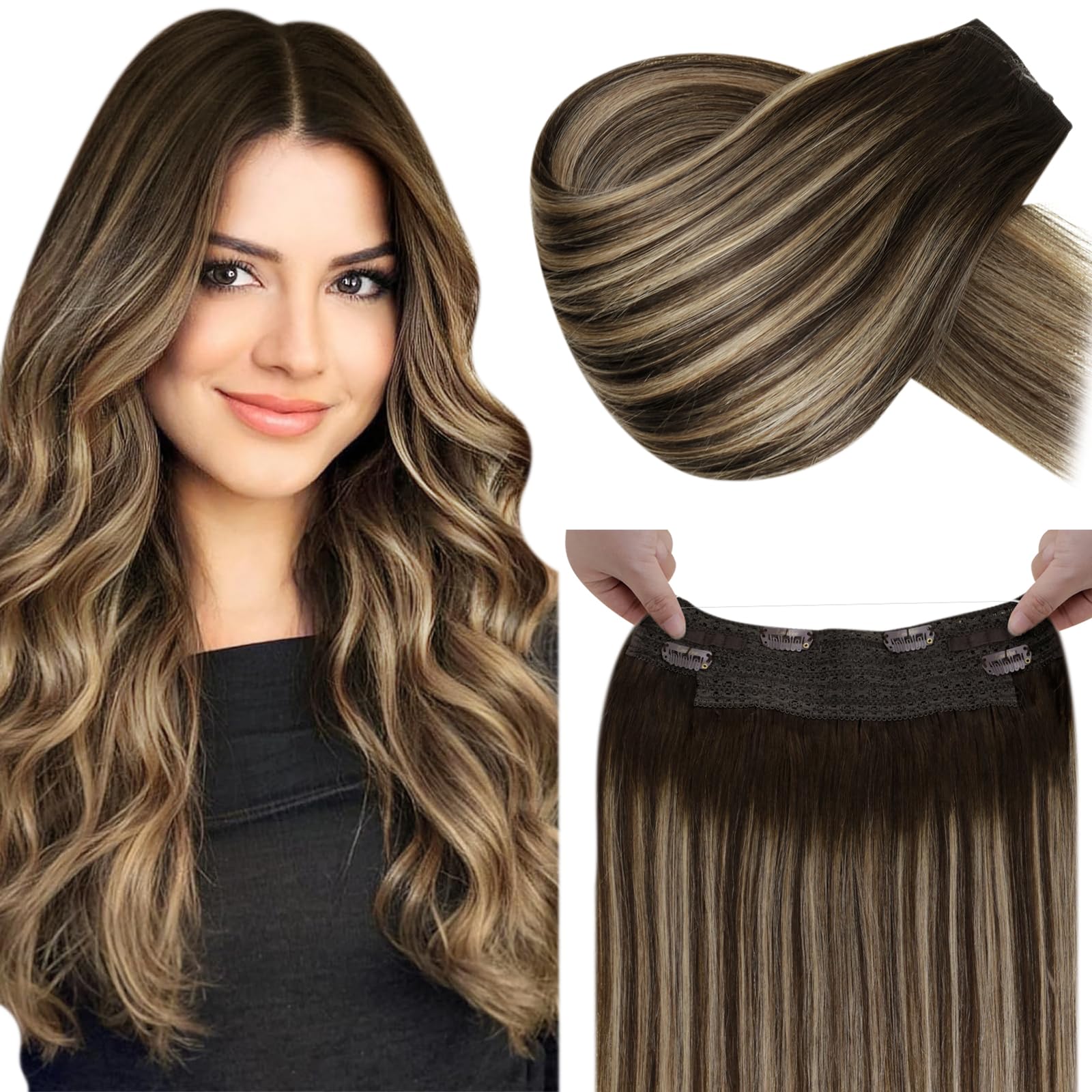LaaVoo Human Hair Extensions Balayage Dark Brown Mix Caramel Blonde Real Remy Hair Invisible Wire Undetectable 100% Real Straight Hair Extensions Long-Lasting 100g 20 Inch #4/27/4 — image 1