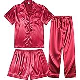 TinyChoice 3 Piece Silk Satin Pajama Set for Women Soft Short Sleeve Button Down Pjs with Shorts Long Pants Sleepwear S-XXXL