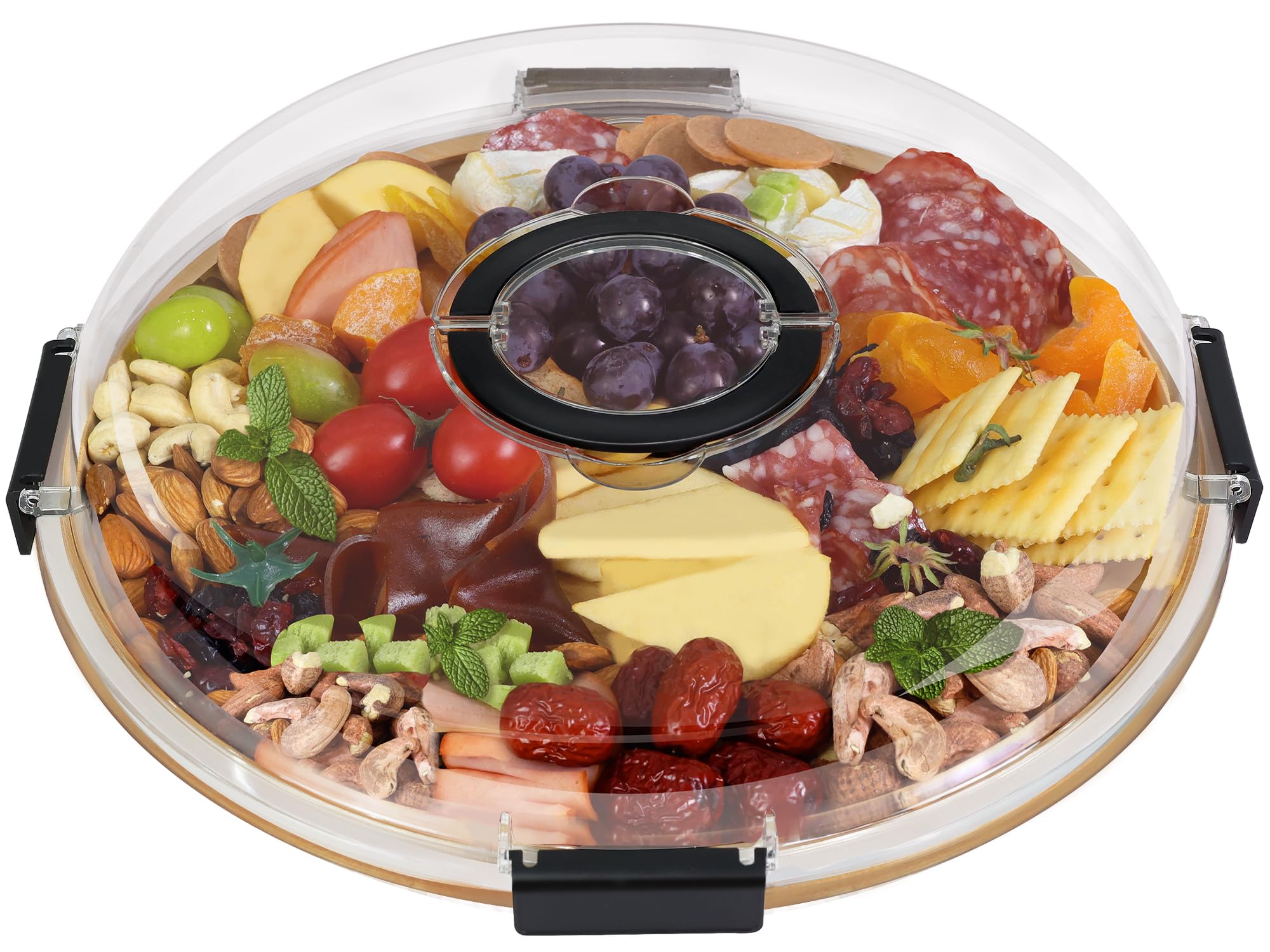 Photo 1 of Round Charcuterie Board with Clear Lid, Travel Picnic Portable Cheese Board Charcuterie Boxes, Meat Fruit Serving Tray Platter, House Warming Gifts New Home, Gifts for Women, Black, 1 Compartment
