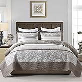 DUOHONG 100% Cotton Quilt Set Queen Size - Reversible Quilted Comforter, Striped Botanical Queen Quilt Bedspread, Modern Lightweight Bedding for Queen Bed, 3pcs, Taupe/Gray/White
