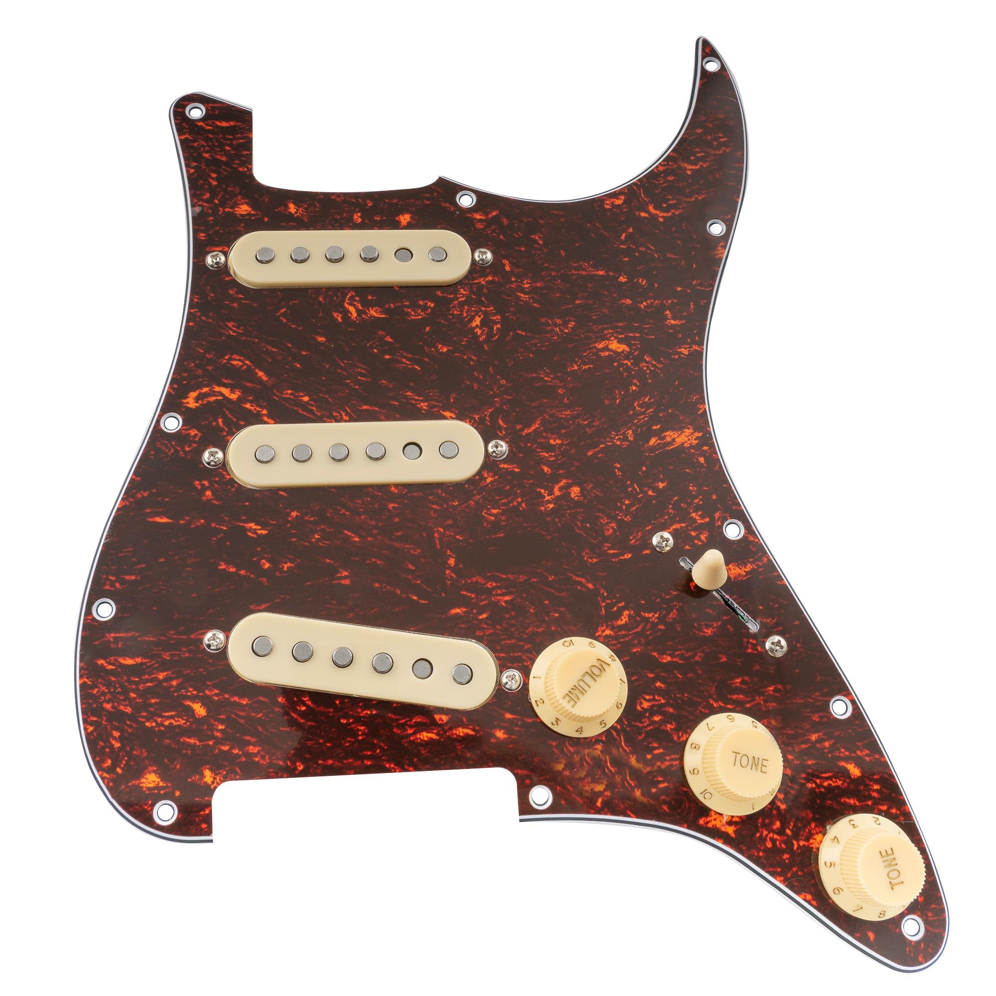 Musiclily Pro SE Pre-wired Standard SSS Pickguard with Staggered Alnico 5 Magnet Single Coil Pickups for ST Style Electric Guitar, Red Tortoise 4ply