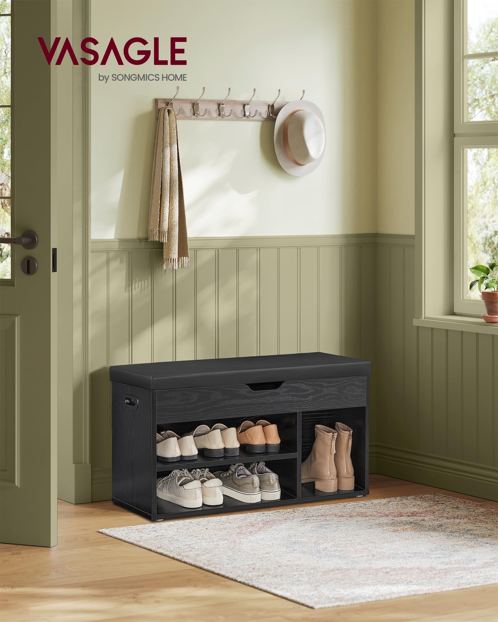 VASAGLE Schuhbank mit Sitzfläche, Sitzbank mit Stauraum, gepolstert, Fach unter Sitzkissen, Schuhregal Wohnzimmer, Flur, bis 136 kg belastbar, 30 x 80 x 44 cm, ebenholzschwarz-tintenschwarz LHS030B03 2