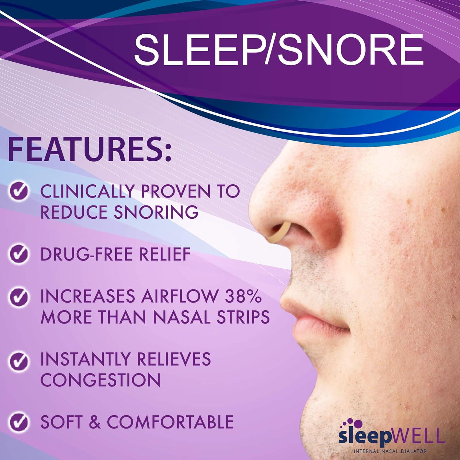 Sleepwell Sleep/Snore Internal Nasal Dilator for Snoring Relief, Congestion Relief, Restful Sleep, Restorative Sleep, Increase Airflow, Soft, Comfortable, Latex Free, Drug Free, Nasal Strips, 12Count: Health & Personal Care