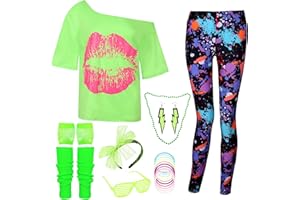 DANGCOS 80s Outfit Costumes Accessories for Women Off The Shoulder Tops Shirts Neon Leggings with Leg Warmers