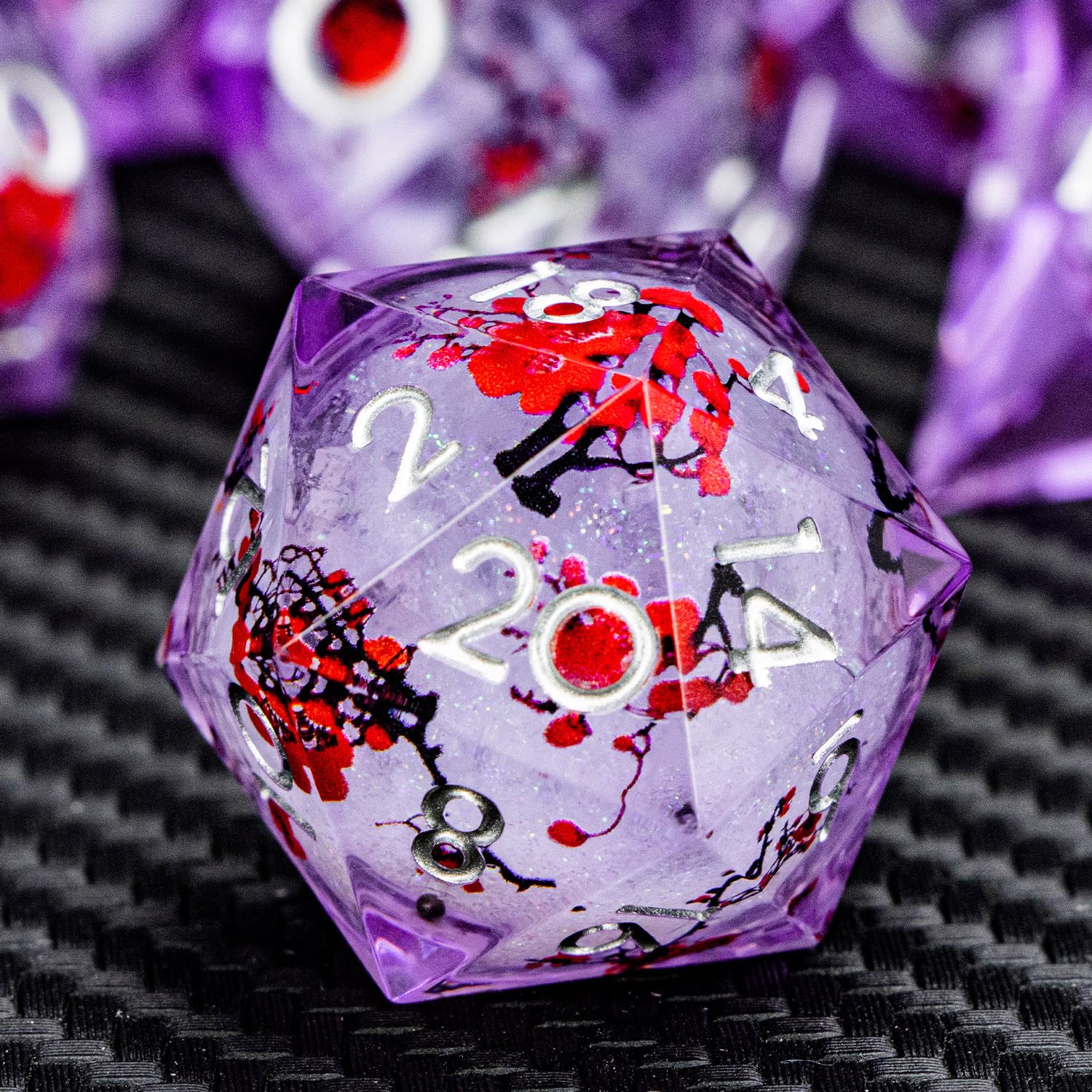 ARUOHHA DND Resin Dice Plum Blossom Liquid Core Purple White Sharp Edge Polyhedral Dice Set with Gift Box, Compatible with Dungeons Dragons Role Playing Game D and D Dice Set D20 D12 D10 D6