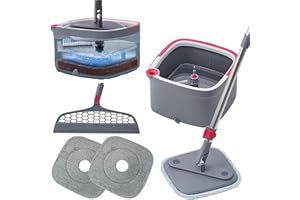 TRUE & TIDY Heavy Duty Square Spin Mop for Floor Cleaning, Separate Compartment for Clean and Dirty Water, Use Any Cleaning Solution, Self Cleaning, Machine Washable Pads