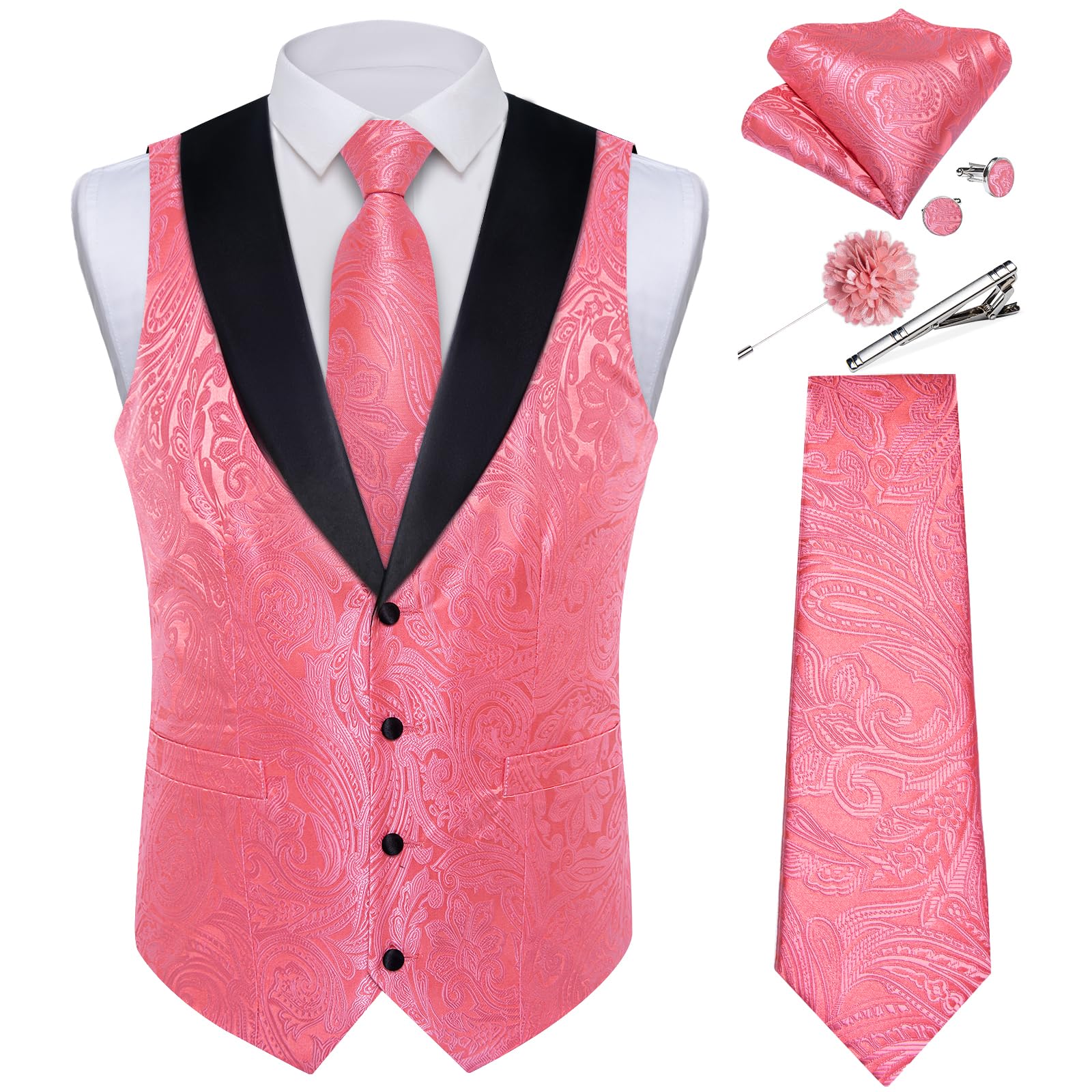 DiBanGu Mens Paisley Suit Vest Silk Jacquard Waistcoat and Necktie Set Formal Shawl Collar Dress Vest 7PCS for Wedding Party, Peach Pink, Large Image