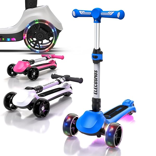 ELECOSMOS KIDS ELECTRIC SCOOTER FOR AGE 4-9, LIGHT UP 3 WHEELED SCOOTER WITH BIG LED WHEELS, FLASHING DECK, 3 ADJUSTABLE HEIGHTS, LIGHT UP 3-WHEELS SCOOTERS, BALANCE TRAINING SCOOTER FOR KIDS, BLUE