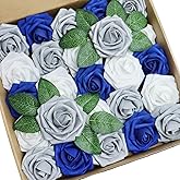 D-Seven 25pcs Artificial Flower White & Silver Gray & Royal Blue Roses with Stem for DIY Wedding Bouquets Floral Arrangements Wedding Flower Backdrop Bridal Shower Baby Shower Party Home Decor