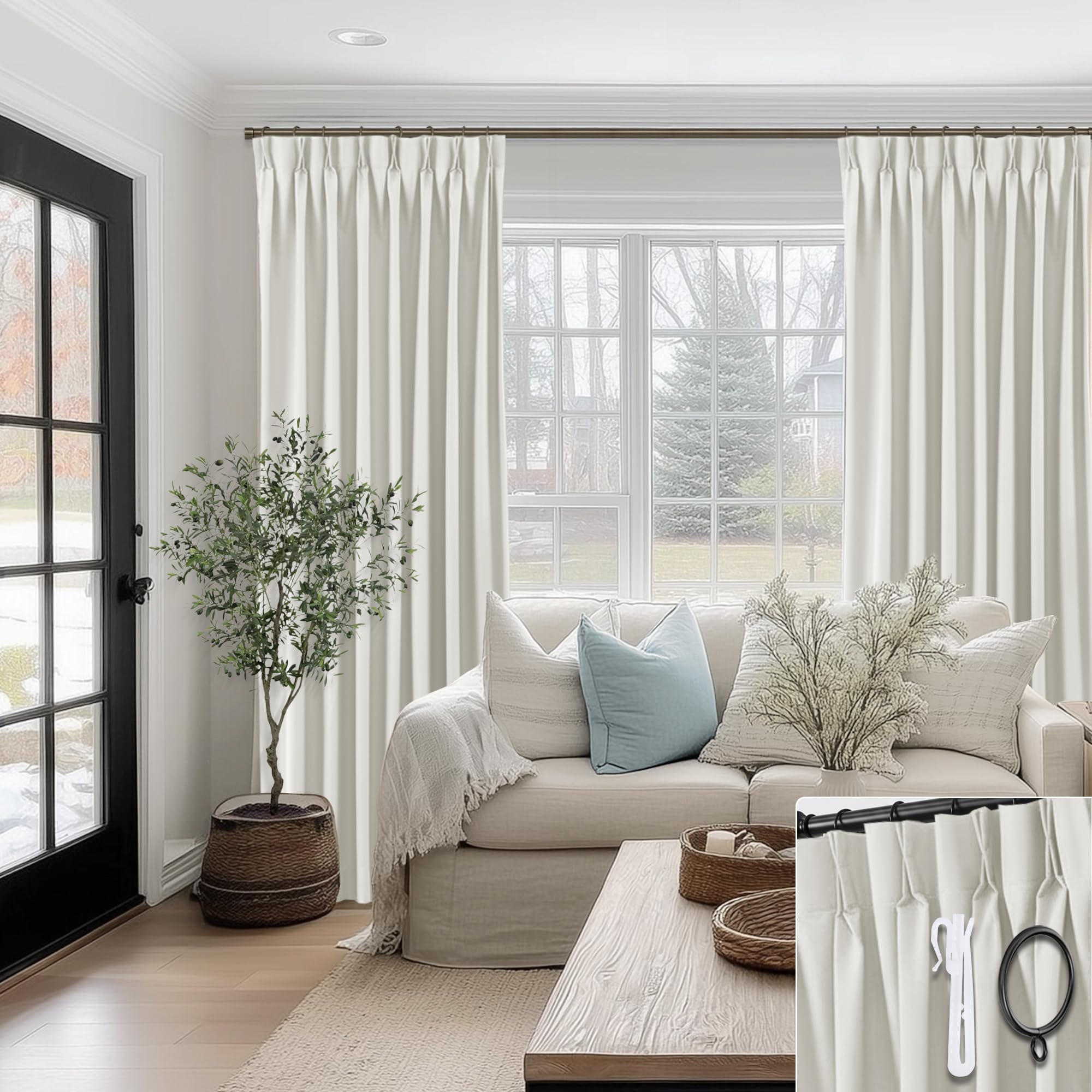 Photo 1 of SHINELAND Pinch Pleated Cat Proof Blackout Curtains, Modern Matte Cream Polished Texture Light Blocking Drapes for Floor to Ceiling or Track System Bedroom Living Room, 90 Inch Long, 2 Panel