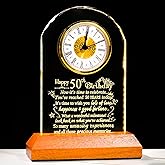 Ornalrist Happy 50th Birthday Crystal Clock Gifts for Men Women, 50 Year Old Birthday Present for Her, Him, 50th Birthday Keepsake for Couple, Quartz Clock with Wooden LED Light Base