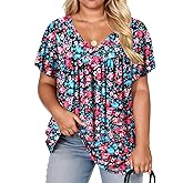 VISLILY Womens-Plus-Size-Summer-Tops Pleated V Neck T Shirts Short Sleeve Blouses Ruffle Flowy Tunics XL-5XL