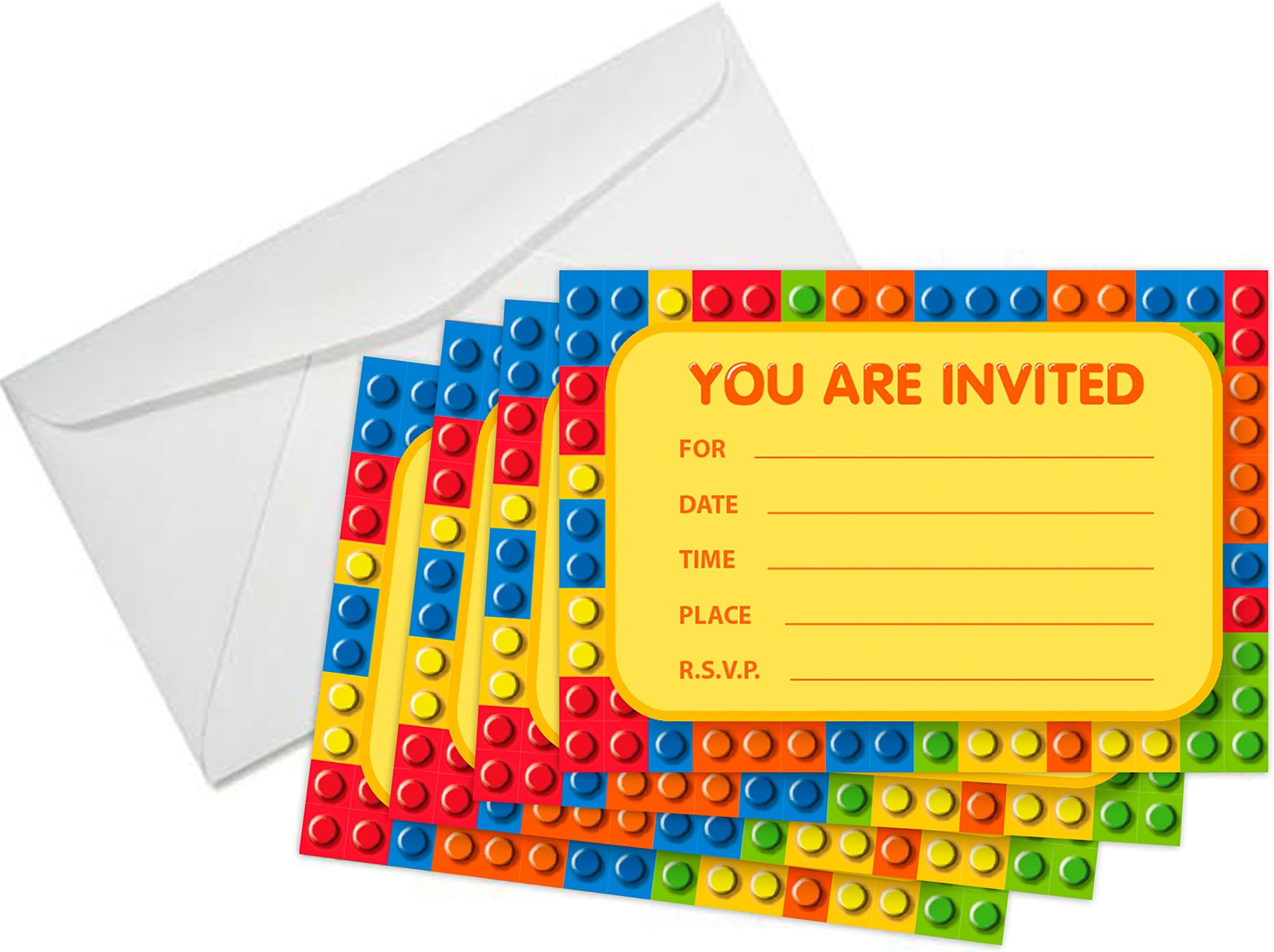 Building Blocks Birthday Party Invitations (8 Pcs) & (8) White Paper Envelopes - The Invite Cards Every Kid Will Love! Brick Shapes Mini Figure Theme Party Pack