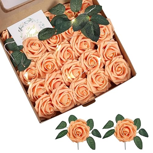 Warmiehomy 25Pcs Artificial Roses with Stem, Orange Fake Rose Flowers, Faux Foam Roses with Light & Gift Card for Mother's Day Wedding Bridal Bouquets Centerpieces Arrangement Party Home Decoration