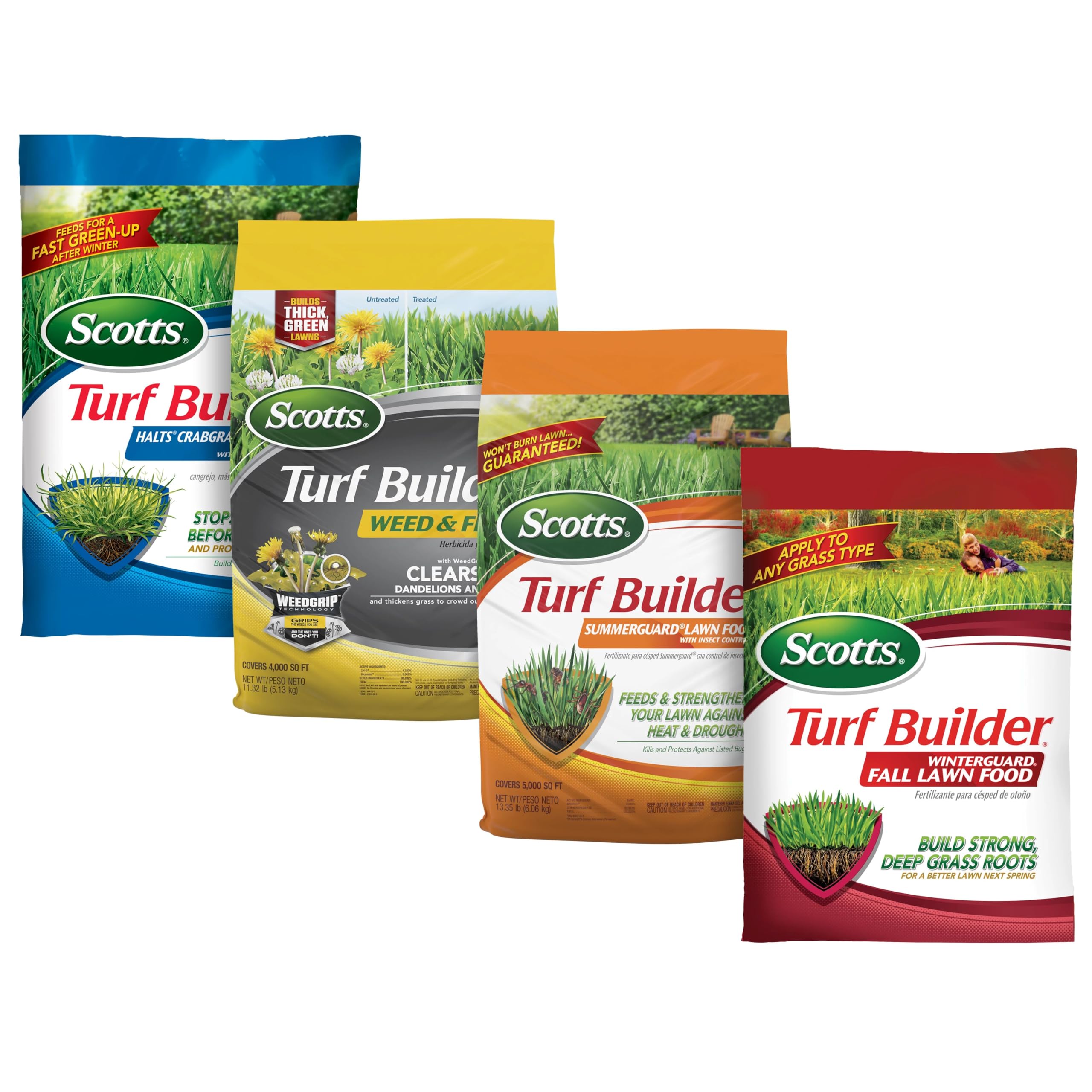 Photo 1 of *PARTIAL SET - Only 1 bag*
Scotts Turf Builder 4-Bag Bundle for Small Lawns with Halts Crabgrass Preventer, Weed & Feed5, SummerGuard and WinterGuard